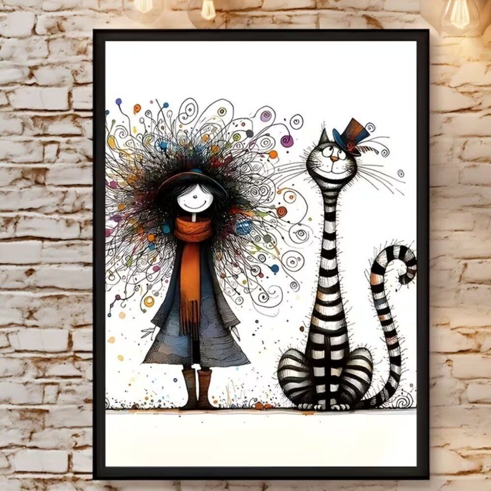 NWT Whimsical Girl & Cat Canvas Art 12x16 Unframed